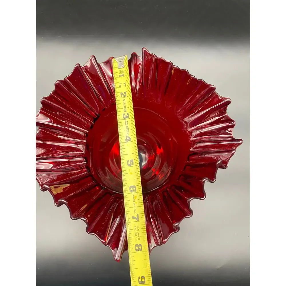 Vintage Blenko Ruby Red Crimped Edge Pedestal Vase 9